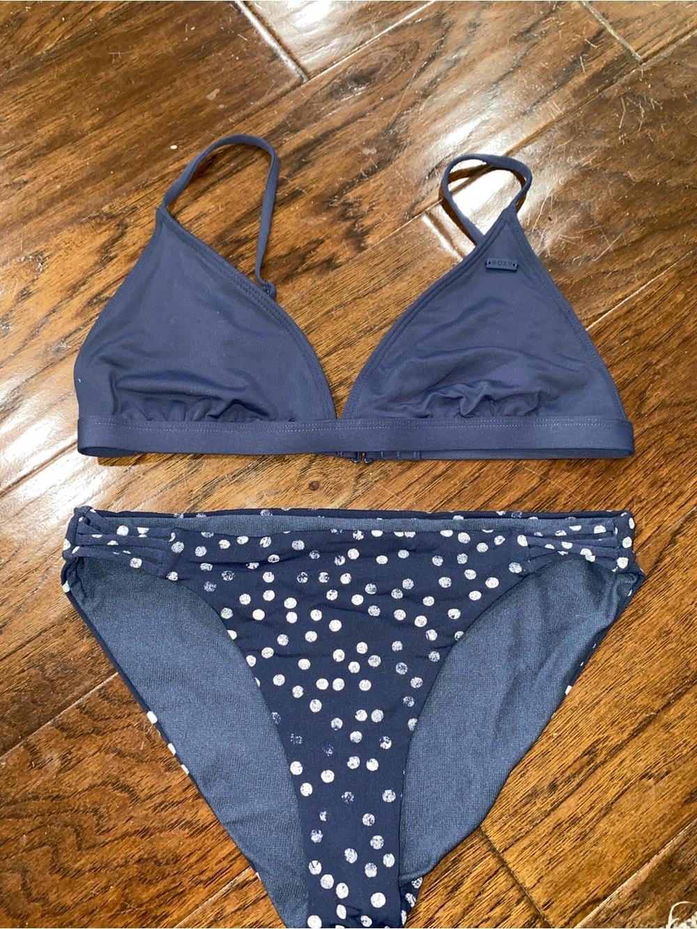 Roxy Navy Triangle Bikini Set with White Polka Dot Bottom